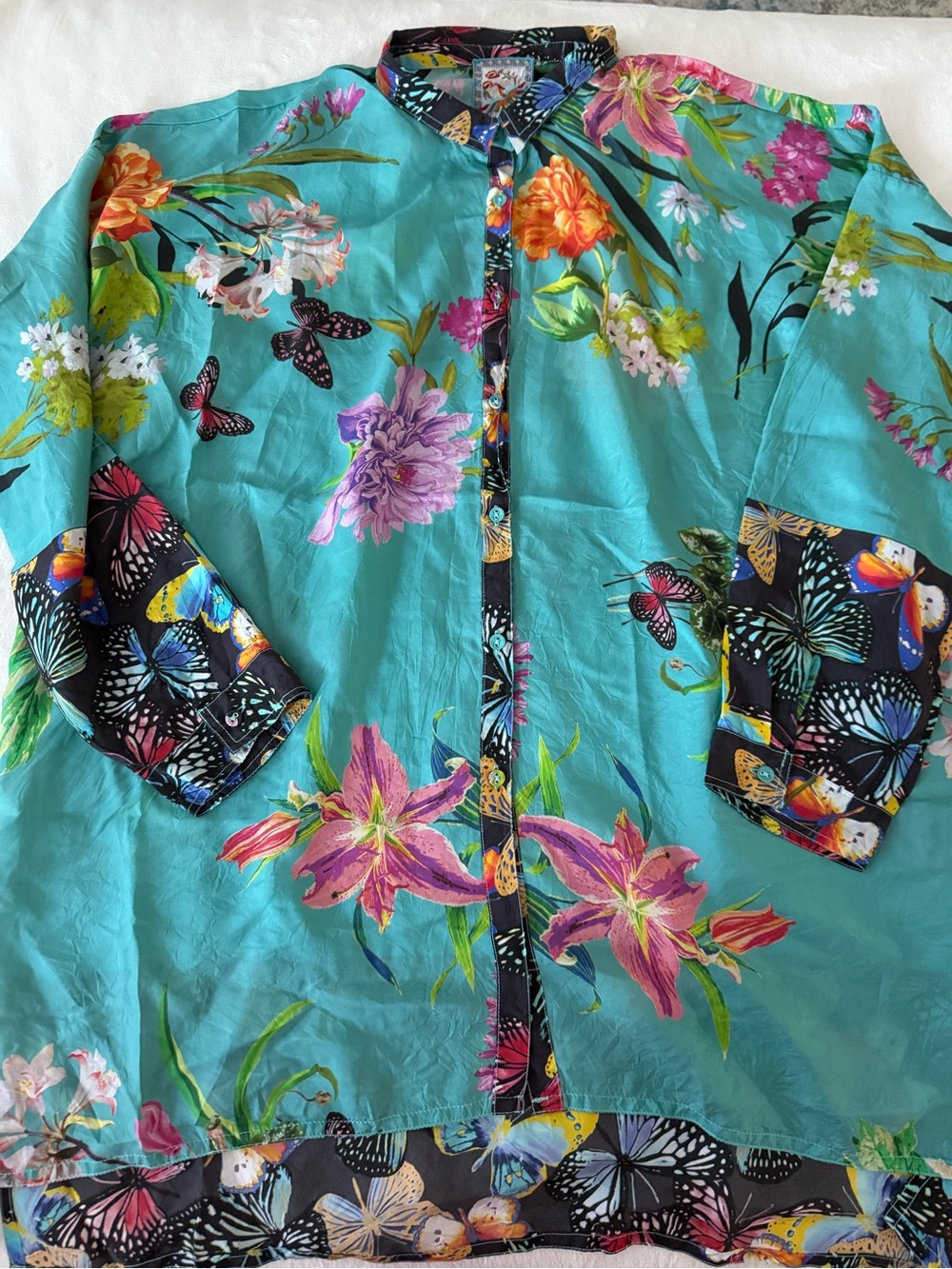 Johnny Was Panya Karis Boho Floral Silk Long Sleeve Button Up Blouse Sz M D78